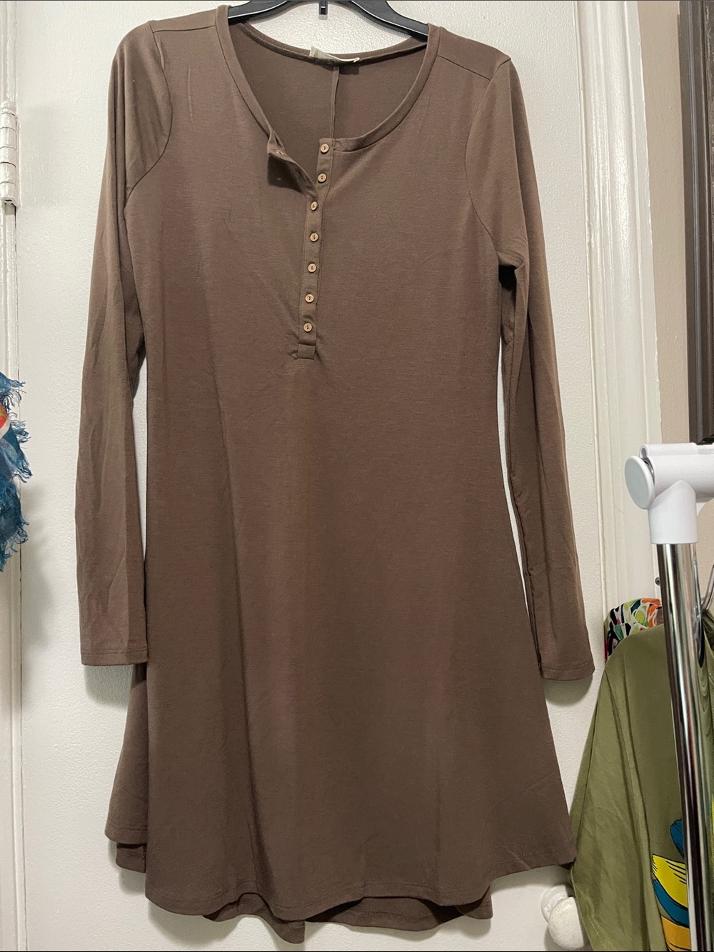 Zenana Brown Long Sleeve Button Henley Dress Women’s L